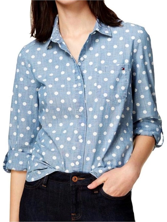 Tommy Hilfiger Tops - Tommy Hilfiger Shirt M Blue Polka Dot 3/4 Roll Tab Sleeve Button Down *READ